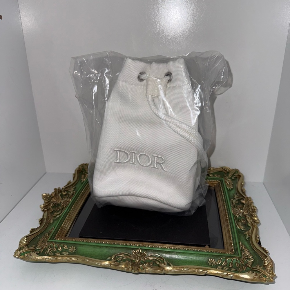 Dior White Embroidered Drawstring Pouch Bag